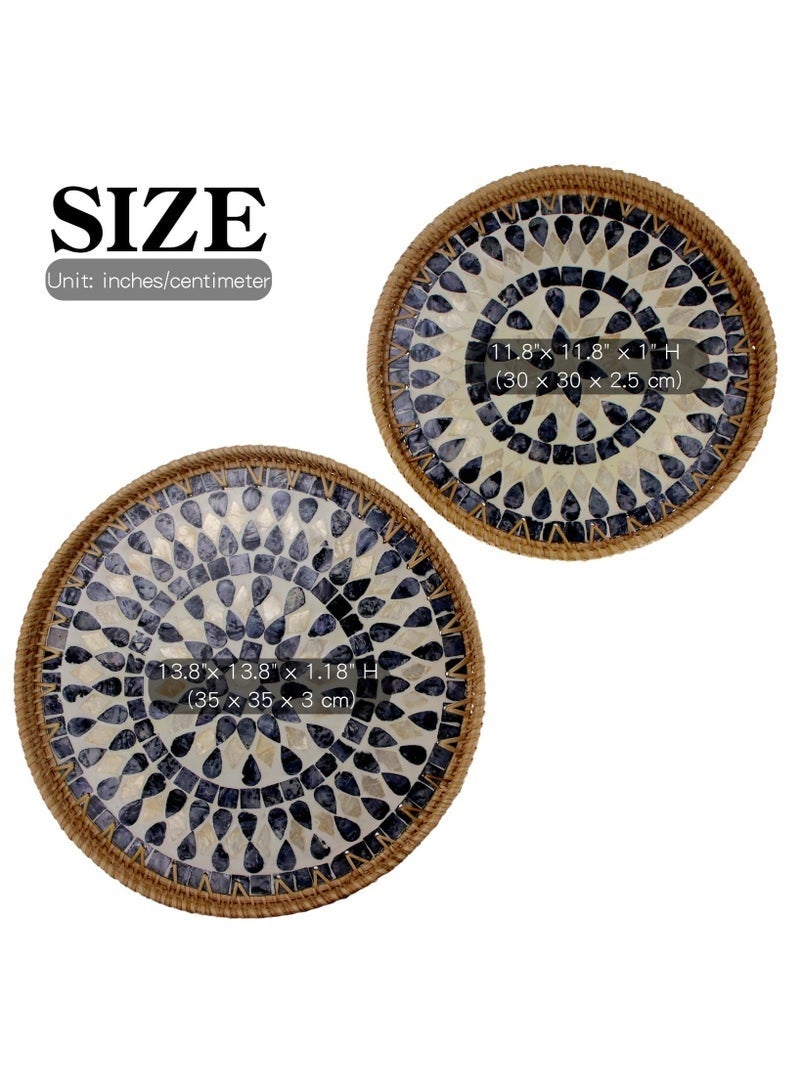 MYONE Set of 2 Sizes Round Rattan Serving Tray with Mother of Pearl Inlay, Handwoven Coffee Table Boho Decor Basket for Bread Fruit Food Kitchen Home Office Waterdrop Black,35cm+30cm - Image 2
